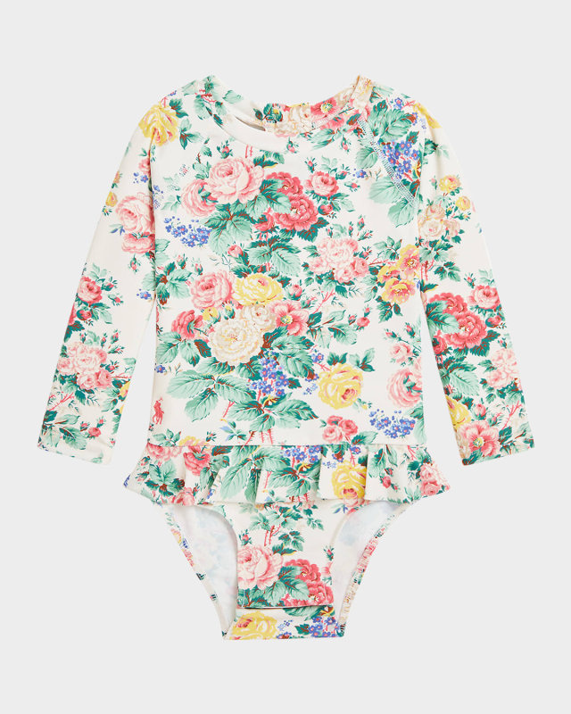 Girl's Floral-Print Ruffle Rashguard, Size 3